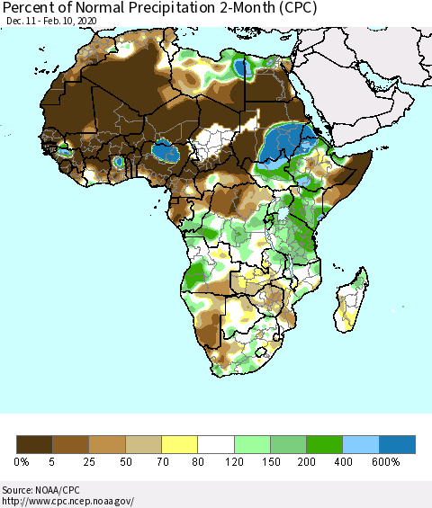 Africa Percent of Normal Precipitation 2-Month (CPC) Thematic Map For 12/11/2019 - 2/10/2020