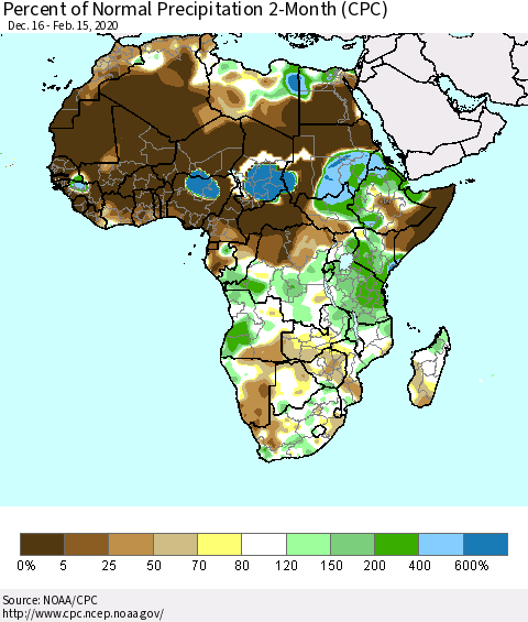 Africa Percent of Normal Precipitation 2-Month (CPC) Thematic Map For 12/16/2019 - 2/15/2020