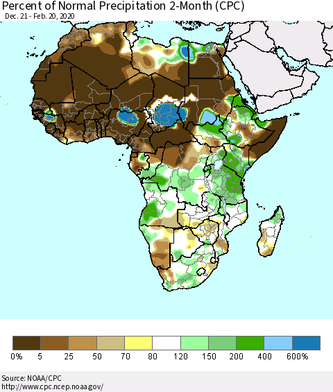 Africa Percent of Normal Precipitation 2-Month (CPC) Thematic Map For 12/21/2019 - 2/20/2020