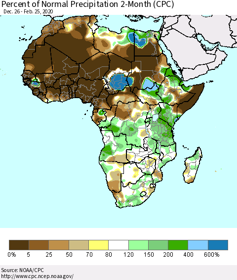 Africa Percent of Normal Precipitation 2-Month (CPC) Thematic Map For 12/26/2019 - 2/25/2020