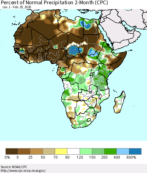 Africa Percent of Normal Precipitation 2-Month (CPC) Thematic Map For 1/1/2020 - 2/29/2020