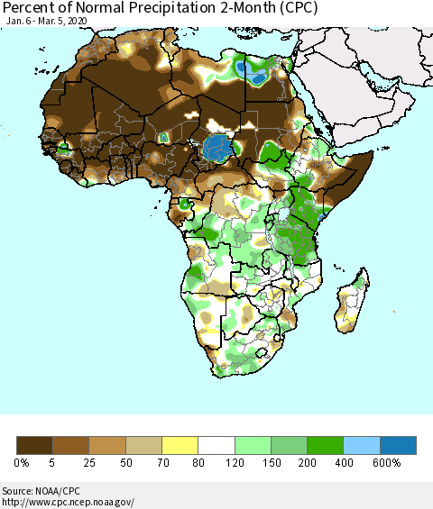 Africa Percent of Normal Precipitation 2-Month (CPC) Thematic Map For 1/6/2020 - 3/5/2020
