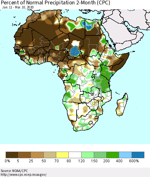 Africa Percent of Normal Precipitation 2-Month (CPC) Thematic Map For 1/11/2020 - 3/10/2020