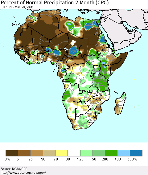 Africa Percent of Normal Precipitation 2-Month (CPC) Thematic Map For 1/21/2020 - 3/20/2020