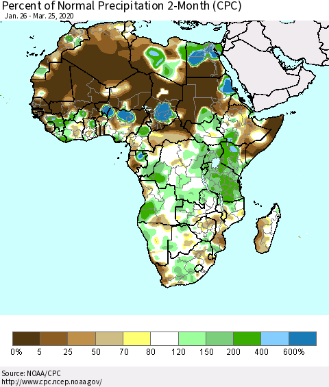 Africa Percent of Normal Precipitation 2-Month (CPC) Thematic Map For 1/26/2020 - 3/25/2020
