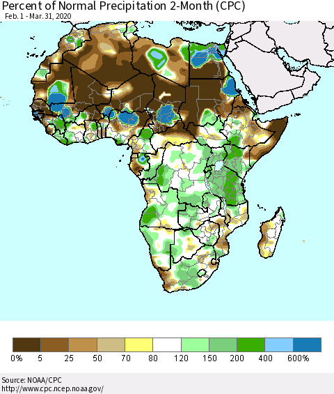 Africa Percent of Normal Precipitation 2-Month (CPC) Thematic Map For 2/1/2020 - 3/31/2020