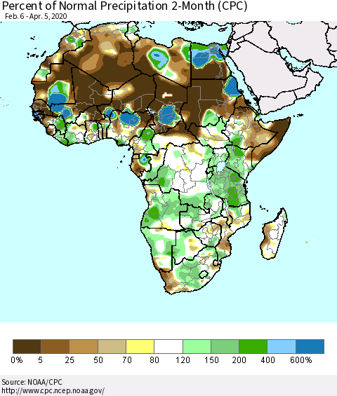 Africa Percent of Normal Precipitation 2-Month (CPC) Thematic Map For 2/6/2020 - 4/5/2020