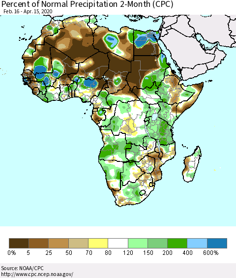 Africa Percent of Normal Precipitation 2-Month (CPC) Thematic Map For 2/16/2020 - 4/15/2020