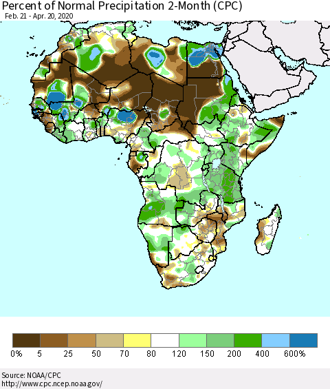 Africa Percent of Normal Precipitation 2-Month (CPC) Thematic Map For 2/21/2020 - 4/20/2020