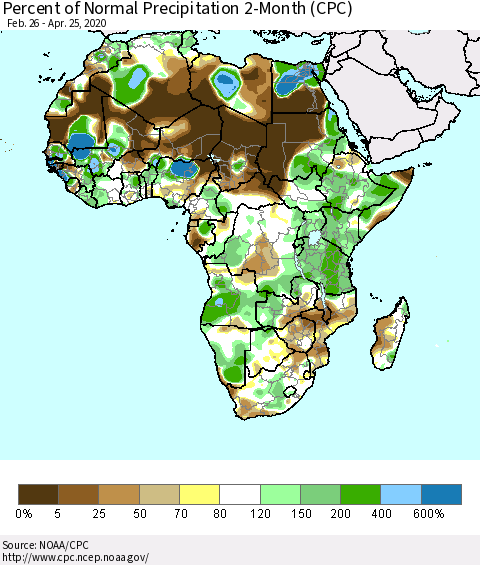 Africa Percent of Normal Precipitation 2-Month (CPC) Thematic Map For 2/26/2020 - 4/25/2020