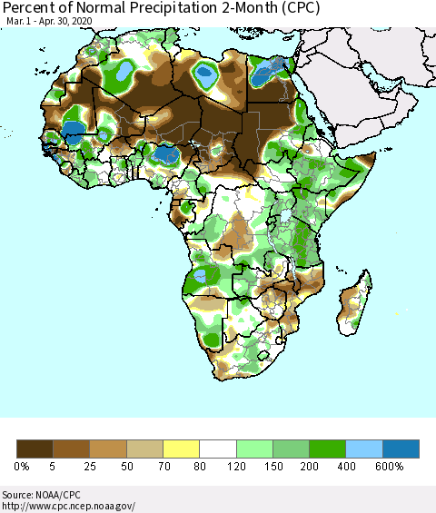 Africa Percent of Normal Precipitation 2-Month (CPC) Thematic Map For 3/1/2020 - 4/30/2020