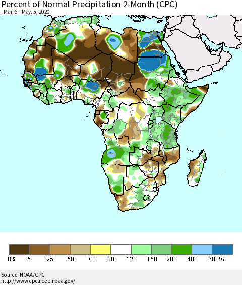 Africa Percent of Normal Precipitation 2-Month (CPC) Thematic Map For 3/6/2020 - 5/5/2020