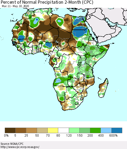 Africa Percent of Normal Precipitation 2-Month (CPC) Thematic Map For 3/11/2020 - 5/10/2020