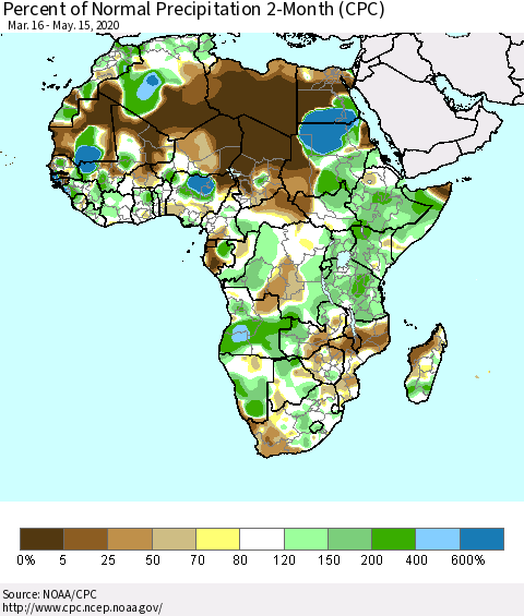 Africa Percent of Normal Precipitation 2-Month (CPC) Thematic Map For 3/16/2020 - 5/15/2020