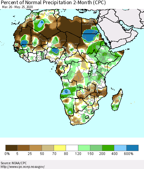 Africa Percent of Normal Precipitation 2-Month (CPC) Thematic Map For 3/26/2020 - 5/25/2020