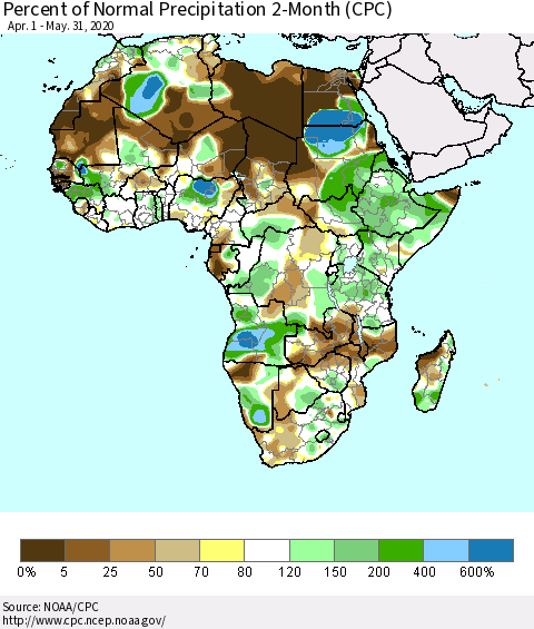 Africa Percent of Normal Precipitation 2-Month (CPC) Thematic Map For 4/1/2020 - 5/31/2020
