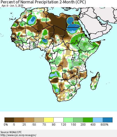 Africa Percent of Normal Precipitation 2-Month (CPC) Thematic Map For 4/6/2020 - 6/5/2020