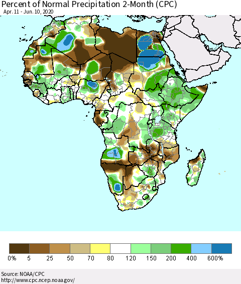 Africa Percent of Normal Precipitation 2-Month (CPC) Thematic Map For 4/11/2020 - 6/10/2020