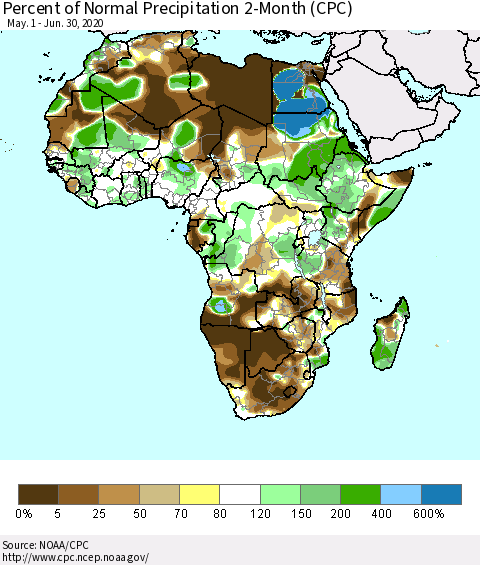 Africa Percent of Normal Precipitation 2-Month (CPC) Thematic Map For 5/1/2020 - 6/30/2020