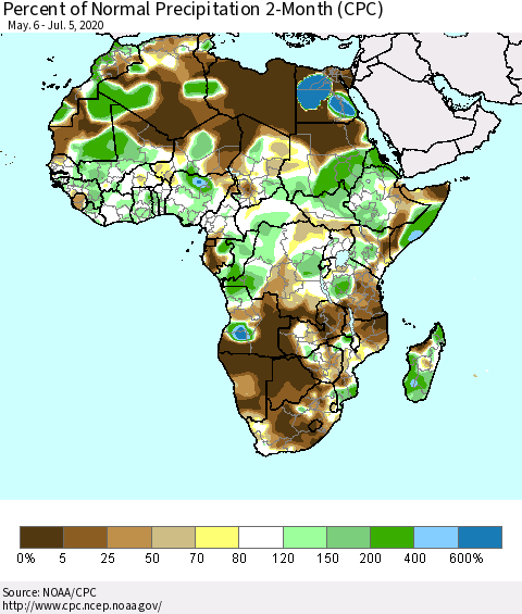 Africa Percent of Normal Precipitation 2-Month (CPC) Thematic Map For 5/6/2020 - 7/5/2020