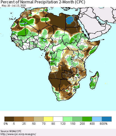 Africa Percent of Normal Precipitation 2-Month (CPC) Thematic Map For 5/16/2020 - 7/15/2020