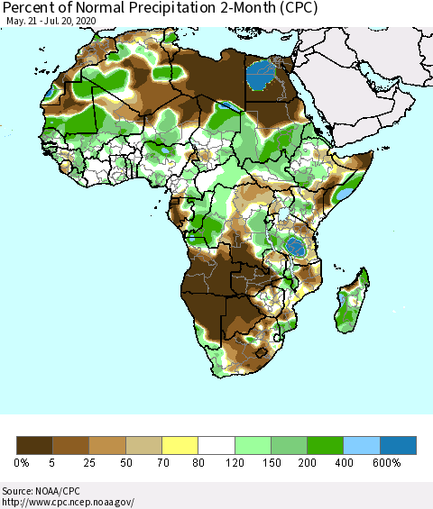 Africa Percent of Normal Precipitation 2-Month (CPC) Thematic Map For 5/21/2020 - 7/20/2020