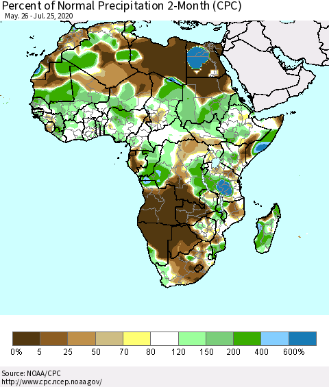 Africa Percent of Normal Precipitation 2-Month (CPC) Thematic Map For 5/26/2020 - 7/25/2020