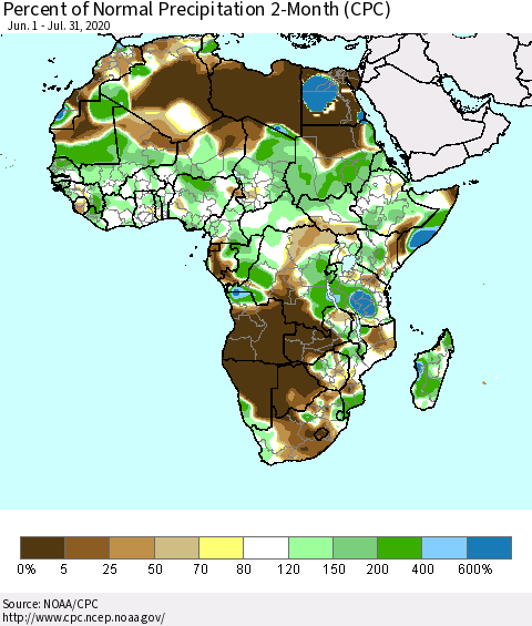 Africa Percent of Normal Precipitation 2-Month (CPC) Thematic Map For 6/1/2020 - 7/31/2020