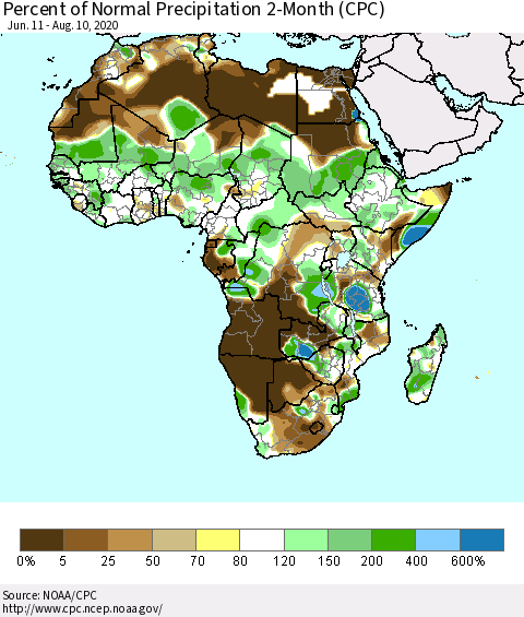 Africa Percent of Normal Precipitation 2-Month (CPC) Thematic Map For 6/11/2020 - 8/10/2020