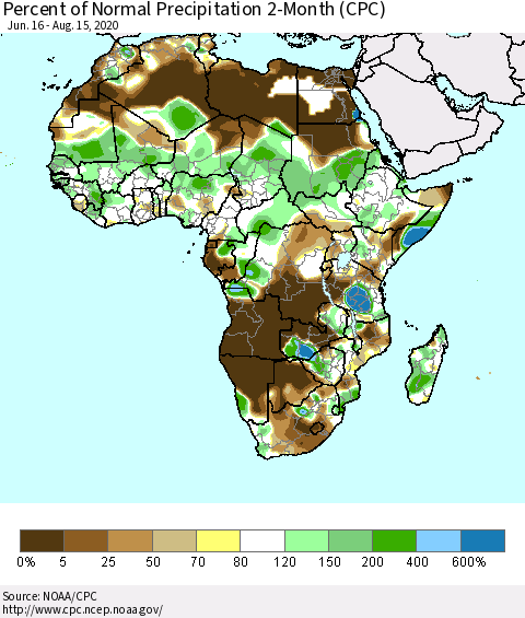 Africa Percent of Normal Precipitation 2-Month (CPC) Thematic Map For 6/16/2020 - 8/15/2020