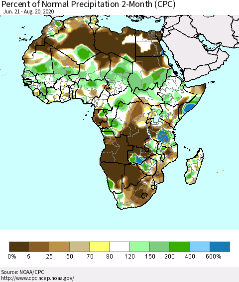 Africa Percent of Normal Precipitation 2-Month (CPC) Thematic Map For 6/21/2020 - 8/20/2020