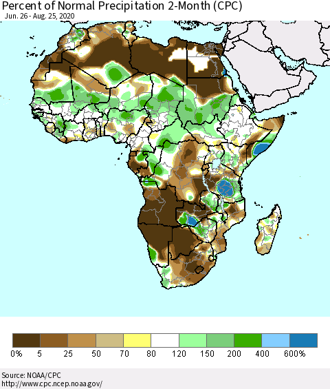 Africa Percent of Normal Precipitation 2-Month (CPC) Thematic Map For 6/26/2020 - 8/25/2020