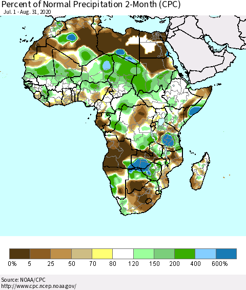 Africa Percent of Normal Precipitation 2-Month (CPC) Thematic Map For 7/1/2020 - 8/31/2020