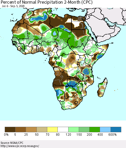 Africa Percent of Normal Precipitation 2-Month (CPC) Thematic Map For 7/6/2020 - 9/5/2020