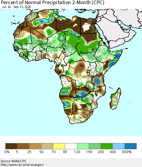 Africa Percent of Normal Precipitation 2-Month (CPC) Thematic Map For 7/16/2020 - 9/15/2020