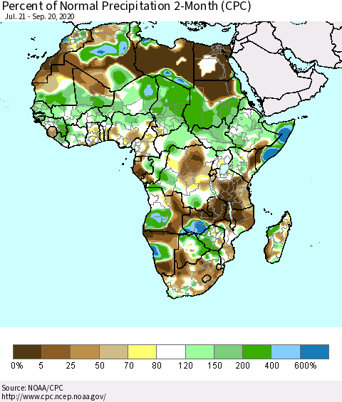 Africa Percent of Normal Precipitation 2-Month (CPC) Thematic Map For 7/21/2020 - 9/20/2020