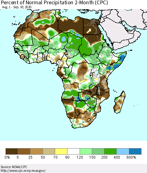 Africa Percent of Normal Precipitation 2-Month (CPC) Thematic Map For 8/1/2020 - 9/30/2020