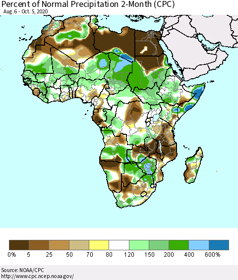Africa Percent of Normal Precipitation 2-Month (CPC) Thematic Map For 8/6/2020 - 10/5/2020