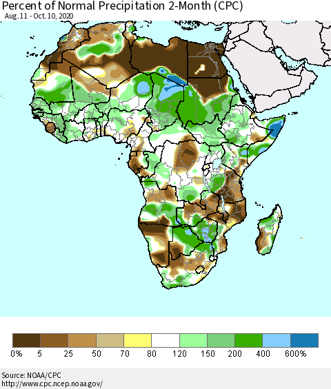 Africa Percent of Normal Precipitation 2-Month (CPC) Thematic Map For 8/11/2020 - 10/10/2020