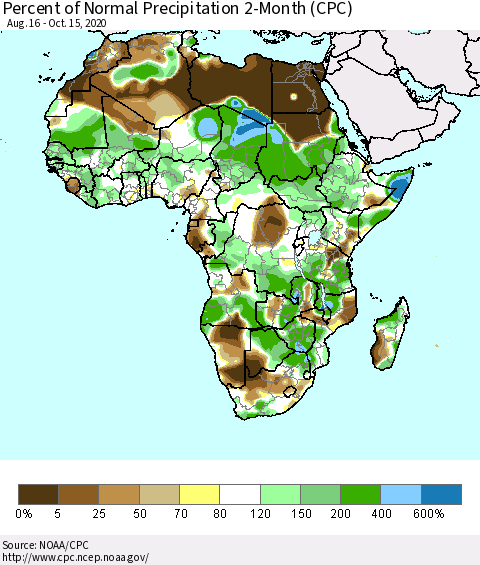 Africa Percent of Normal Precipitation 2-Month (CPC) Thematic Map For 8/16/2020 - 10/15/2020