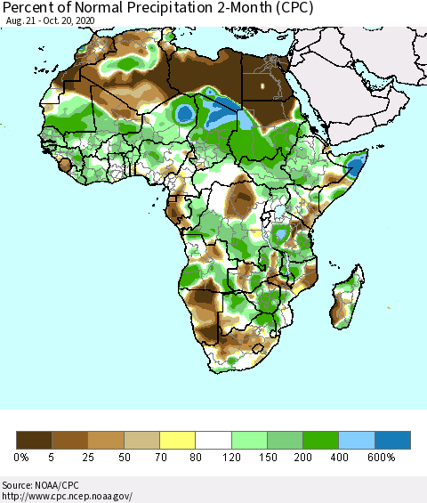 Africa Percent of Normal Precipitation 2-Month (CPC) Thematic Map For 8/21/2020 - 10/20/2020