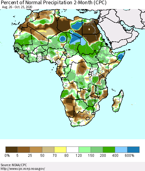 Africa Percent of Normal Precipitation 2-Month (CPC) Thematic Map For 8/26/2020 - 10/25/2020