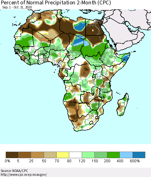 Africa Percent of Normal Precipitation 2-Month (CPC) Thematic Map For 9/1/2020 - 10/31/2020
