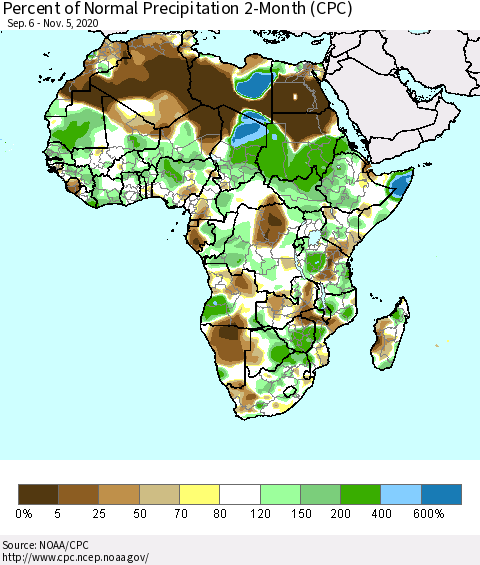 Africa Percent of Normal Precipitation 2-Month (CPC) Thematic Map For 9/6/2020 - 11/5/2020