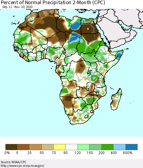 Africa Percent of Normal Precipitation 2-Month (CPC) Thematic Map For 9/11/2020 - 11/10/2020