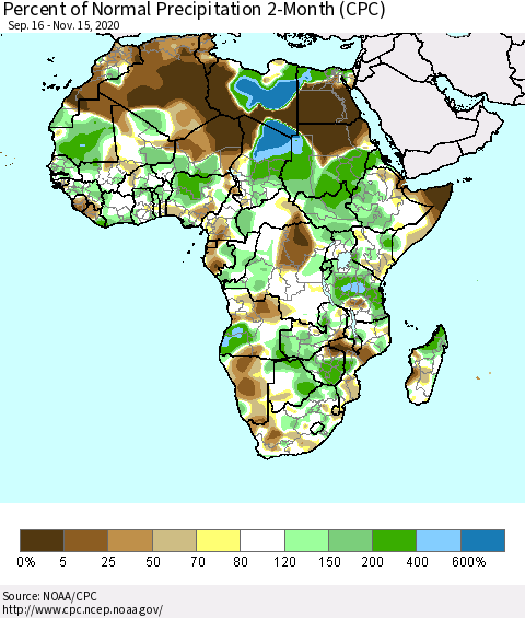 Africa Percent of Normal Precipitation 2-Month (CPC) Thematic Map For 9/16/2020 - 11/15/2020