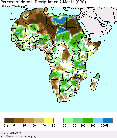 Africa Percent of Normal Precipitation 2-Month (CPC) Thematic Map For 9/21/2020 - 11/20/2020