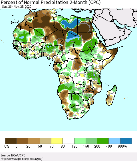 Africa Percent of Normal Precipitation 2-Month (CPC) Thematic Map For 9/26/2020 - 11/25/2020