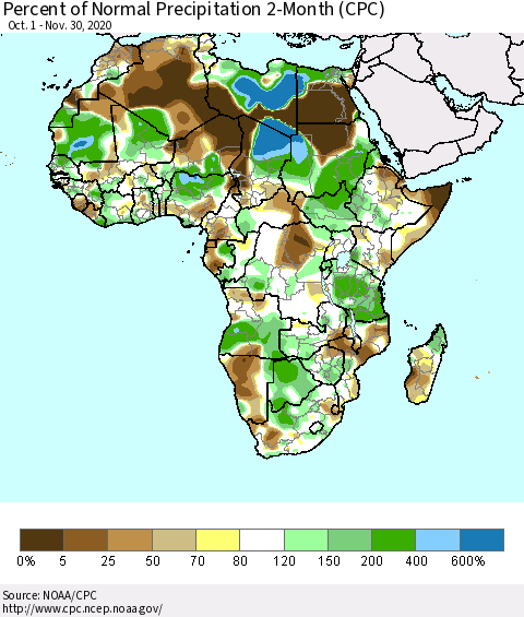 Africa Percent of Normal Precipitation 2-Month (CPC) Thematic Map For 10/1/2020 - 11/30/2020