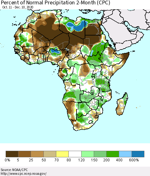 Africa Percent of Normal Precipitation 2-Month (CPC) Thematic Map For 10/11/2020 - 12/10/2020